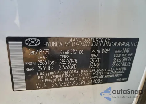 2023 Hyundai Santa Fe Sel z USA, uszkodzony, nr VIN 5NMS24AJ5PH544005